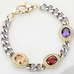 14K Gold Plated Two Tone Colored Oval CZ Stone Cluster Link Accented Chain Brace